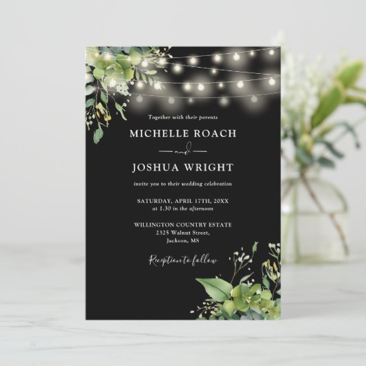 Invitation String Lights Verdure Mariage noir et blanc (Debout devant)
