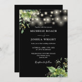 Invitation String Lights Verdure Mariage noir et blanc (Devant / Derrière)