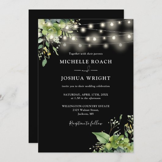 Invitation String Lights Verdure Mariage noir et blanc (Devant / Derrière)