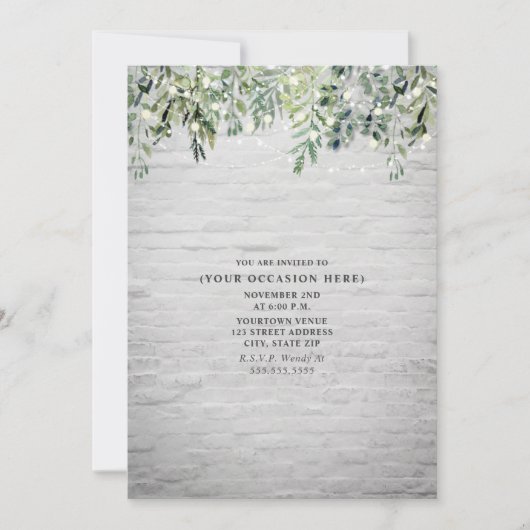 Invitation String Lights White Brick Botanical Party Génériqu (Devant)