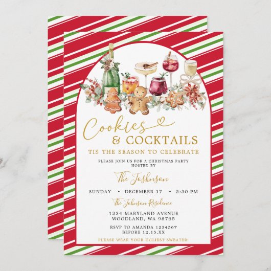 Invitation Stripe Cookies and Cocktail Classic Christmas (Devant / Derrière)