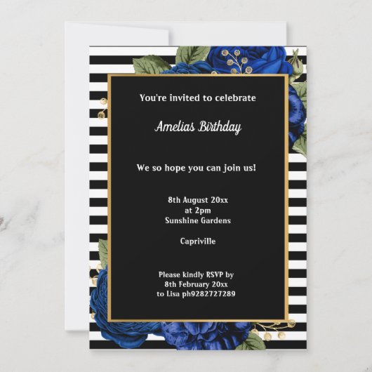 INVITATION STRIPE NOIR BLEU OR FLORAL 2 ANNIVERSAIRE (Devant)