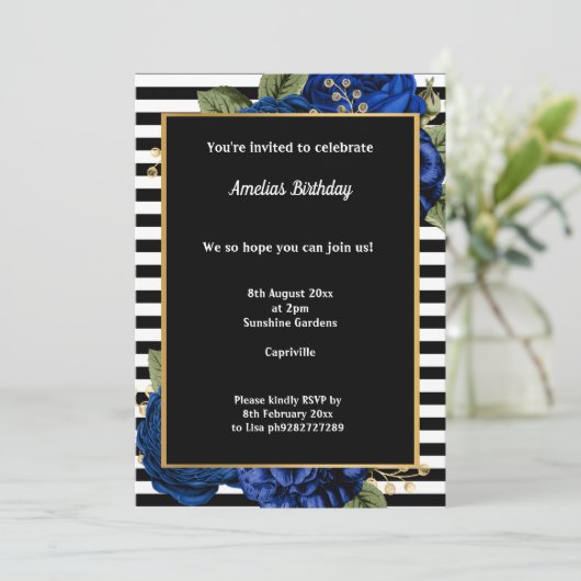 INVITATION STRIPE NOIR BLEU OR FLORAL 2 ANNIVERSAIRE (Debout devant)