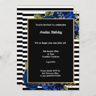INVITATION STRIPE NOIR BLEU OR FLORAL 2 ANNIVERSAIRE