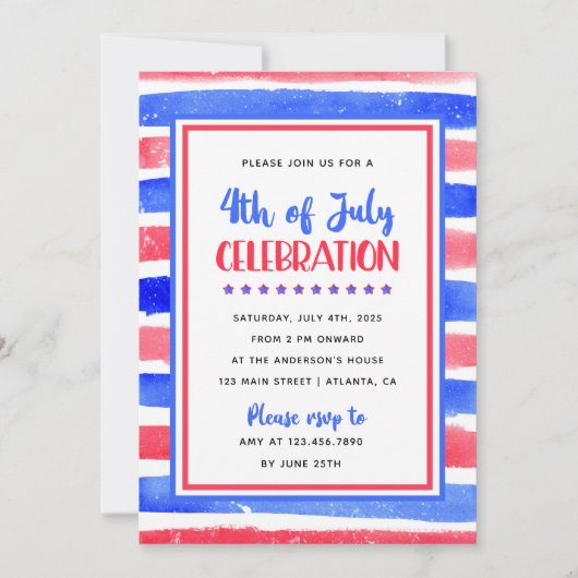 Invitation Stripe Rouge et Bleu 4 juillet (Devant)