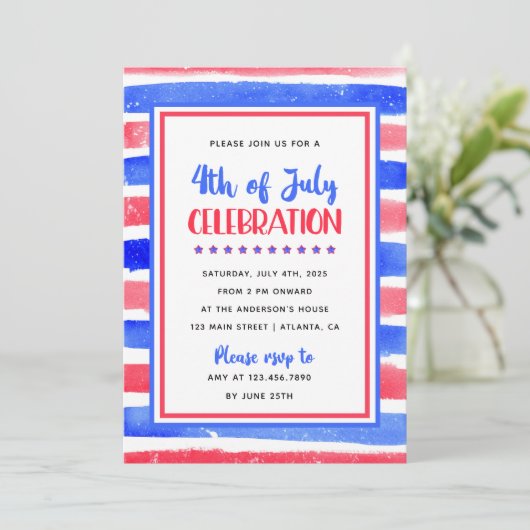 Invitation Stripe Rouge et Bleu 4 juillet (Debout devant)
