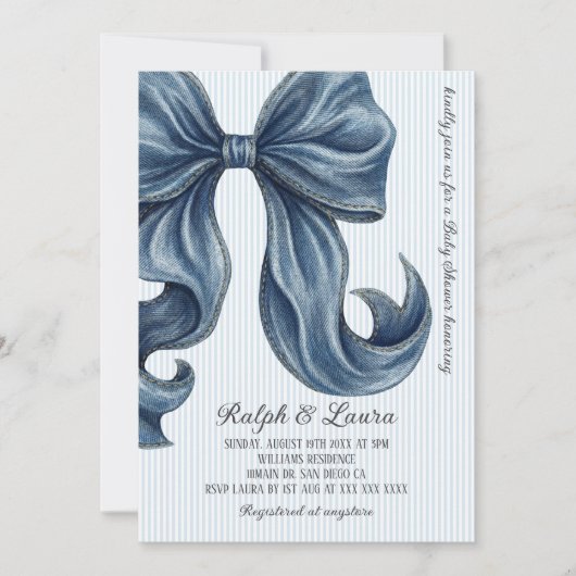 Invitation Striped Blue Bow Baby Shower (Devant)
