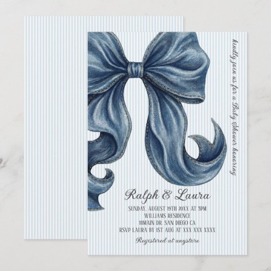 Invitation Striped Blue Bow Baby Shower (Devant / Derrière)