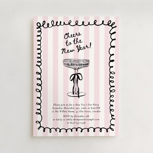 Invitation Striped Hand Drawn Champagne Glass New Year party