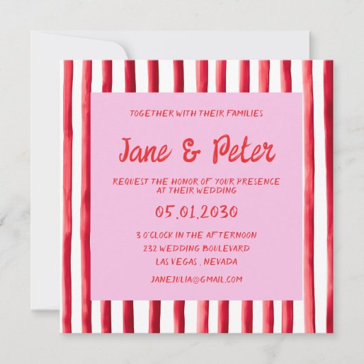 Invitation Striped Pink & Red Handwriting Wedding (Devant)