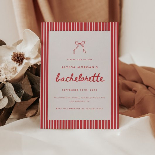 Invitation Striped Red & White Coquette Bow Bachelorette