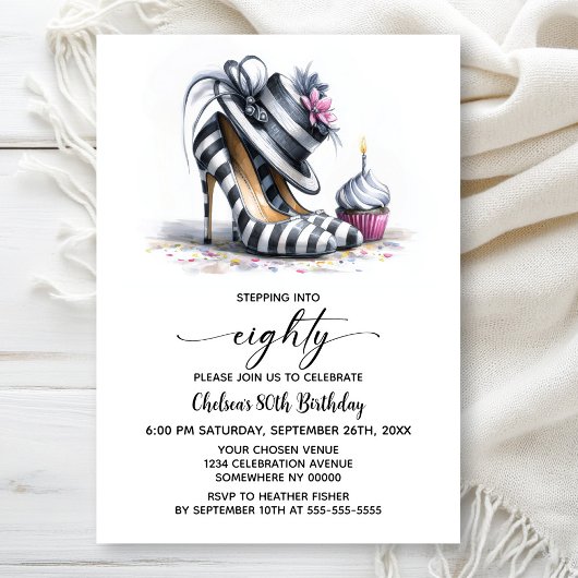Invitation Striped Stiletto Shoes 80th Birthday