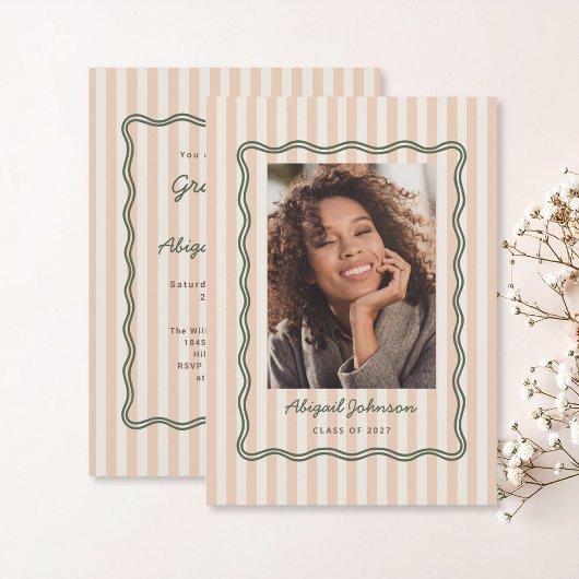 Invitation Stripes and Wavy Frame Graduation Card with Photo
