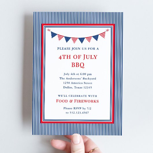 Invitation Stripes classiques et Bunting | 4 juillet