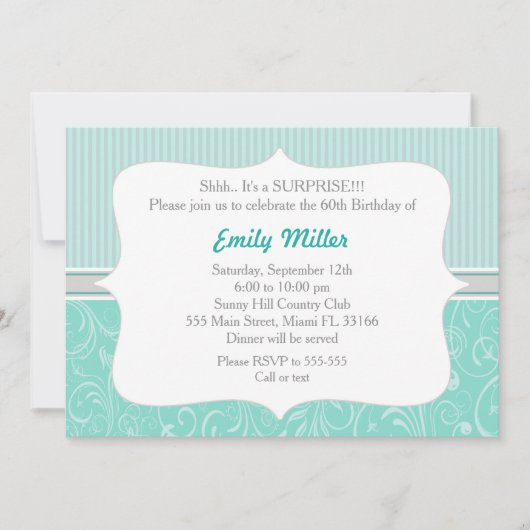 Invitation Stripes Damask Turquoise 60e anniversaire Invitati (Devant)