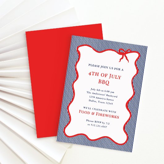 Invitation Stripes et Bow | Rouge Blanc 4 juillet