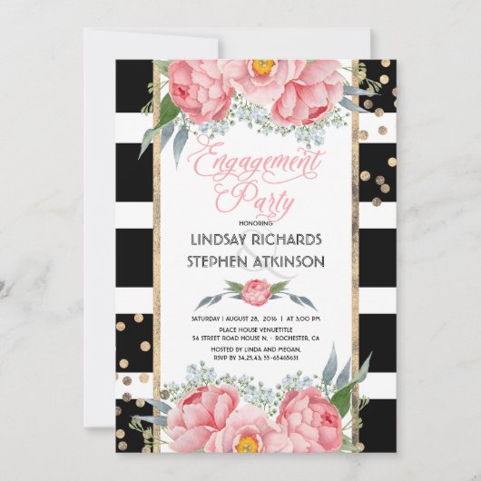 Invitation Stripes Gold Confetti Pink Floral Engagement Party (Devant)