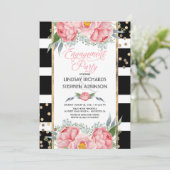Invitation Stripes Gold Confetti Pink Floral Engagement Party (Debout devant)