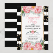 Invitation Stripes Gold Confetti Pink Floral Engagement Party (Devant / Derrière)