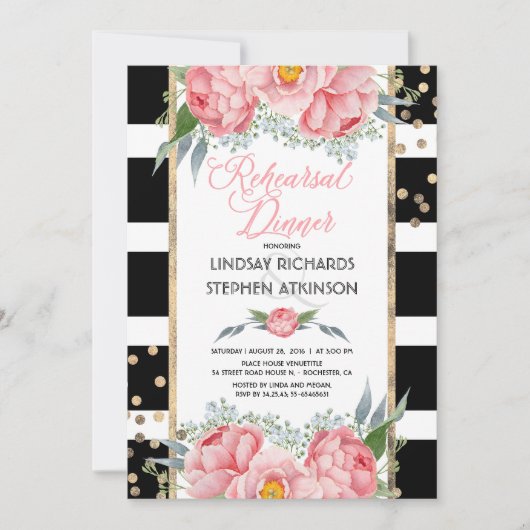 Invitation Stripes Gold Confetti Pink Floral Rehearer Dîner (Devant)