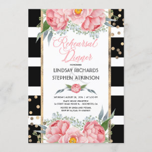 Invitation Stripes Gold Confetti Pink Floral Rehearer Dîner