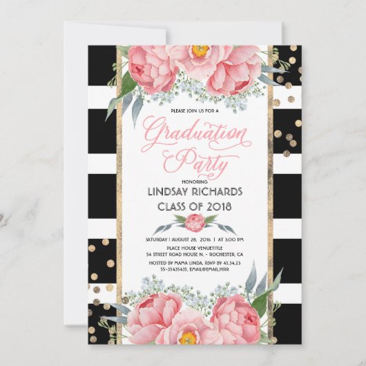 Invitation Stripes, Gold et Fleurs roses Graduation Party (Devant)