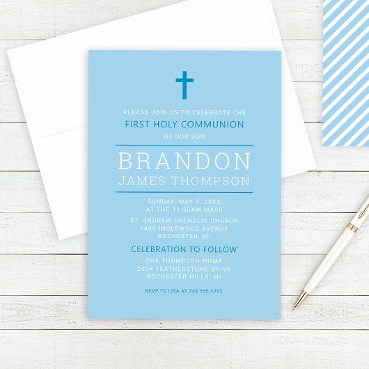 Invitation Stripes modernes Sky Blue Première communion pour
