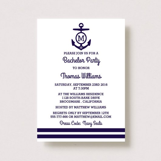 Invitation Stripes & Monogramme Ancre Bachelor Nautique