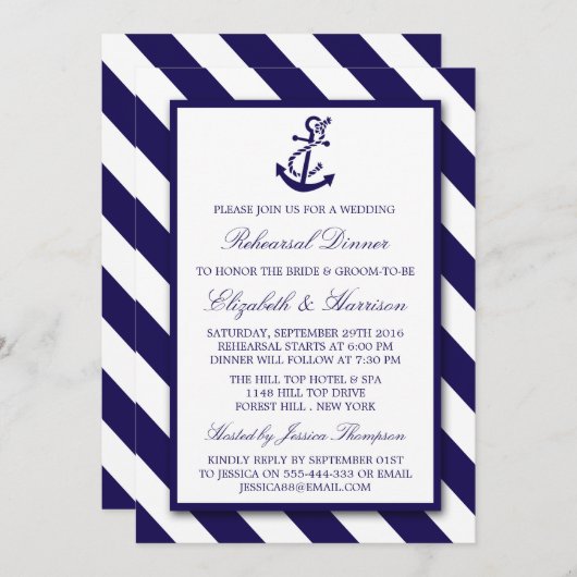 Invitation Stripes nautiques Ancre bleu marine Dîner de répét (Devant / Derrière)