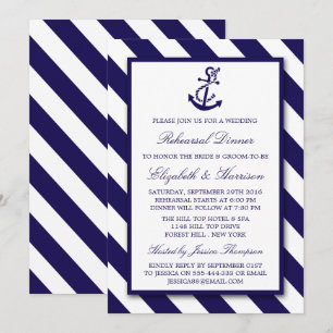 Invitation Stripes nautiques Ancre bleu marine Dîner de répét