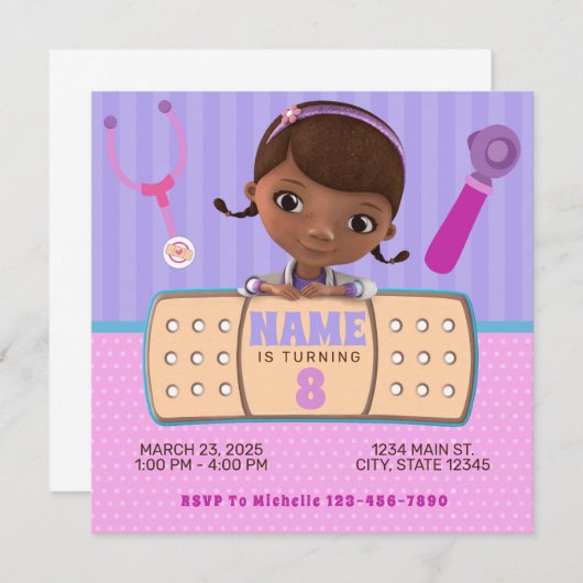 Invitation Stuffins en Doc rose pourpre Anniversaire (Devant / Derrière)