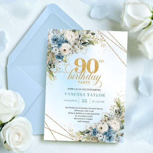 Invitation Stunning Boho Dusty Blue Floral Gold 90th Birthday