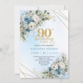 Invitation Stunning Boho Dusty Blue Floral Gold 90th Birthday (Devant)