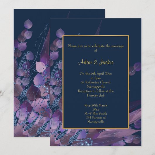 INVITATION STUNNING MARINE PURPLE EUCALYPTUS MARIAGE PERSONNA (Devant / Derrière)