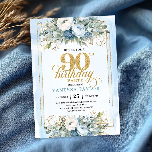 Invitation Stunning pastel blue gold frame 90th birthday 