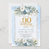 Invitation Stunning pastel blue gold frame 90th birthday  (Devant)