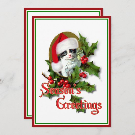 Invitation Style ancien Noël Kitten Bonnes Fêtes (Devant / Derrière)