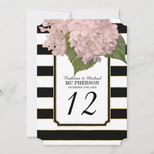 Invitation Style Art Déco Moderne Hydrangea Rayé Faux Or (Devant)