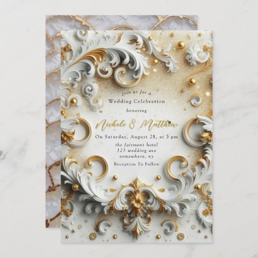 Invitation Style baroque de luxe Mariage or blanc (Devant / Derrière)