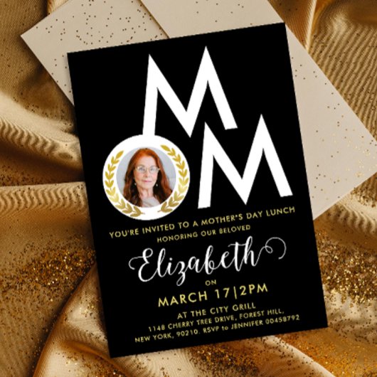 Invitation Style Black White Gold Maman Laurel Wreath Typo