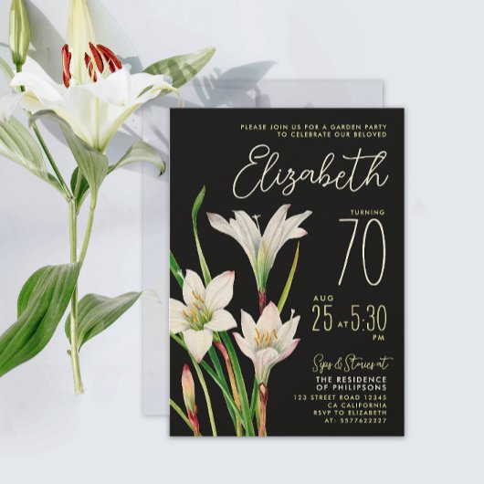 Invitation Stylé Chic Fleur de Lys Noir et Blanc 70e Annivers