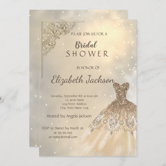 Invitation Style Chic Parties scintillant or robe nuptiale (Devant / Derrière)