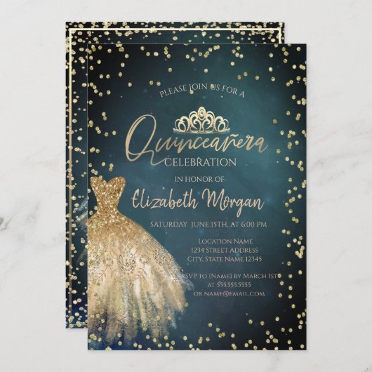 Invitation Style Chic Robe Or Tiara, Diamonds Quinceañera (Devant / Derrière)