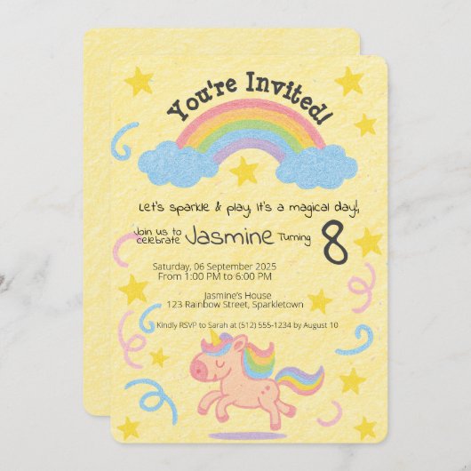 Invitation Style Crayon modifiable - Épersion de rêve Unicorn (Devant / Derrière)