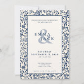 Invitation Style de luxe Crème bleue mariage floral (Devant)