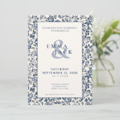 Invitation Style de luxe Crème bleue mariage floral (Debout devant)