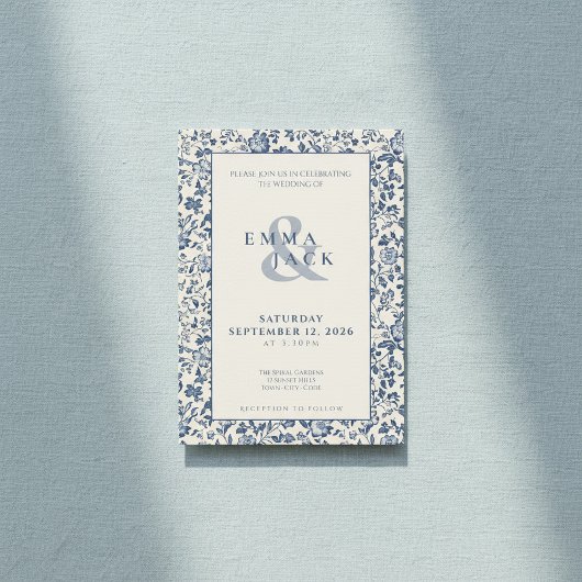 Invitation Style de luxe Crème bleue mariage floral