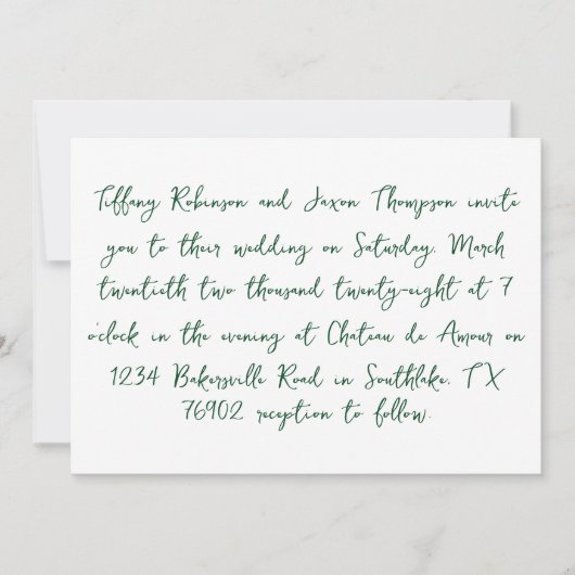 Invitation Style d'écriture manuscrite blanc et Mariage vert (Devant)