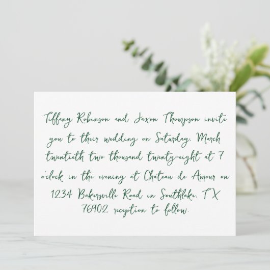 Invitation Style d'écriture manuscrite blanc et Mariage vert  (Debout devant)