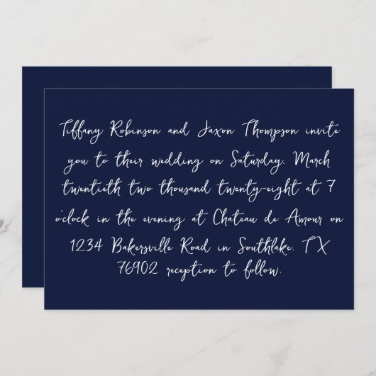 Invitation Style d'écriture marine bleu et blanc Mariage (Devant / Derrière)